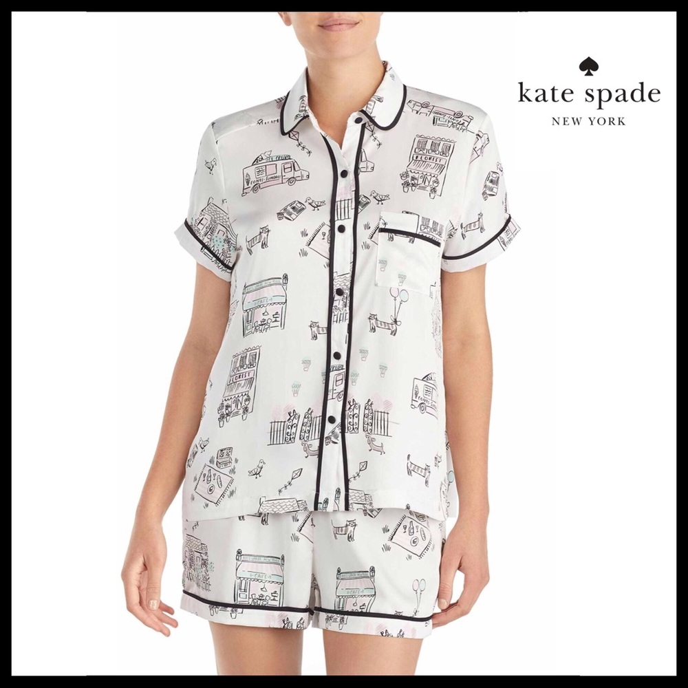 KATE SPADE BLACK PRINT SHORT PJ SET PAJAMAS - Picture 8 of 8